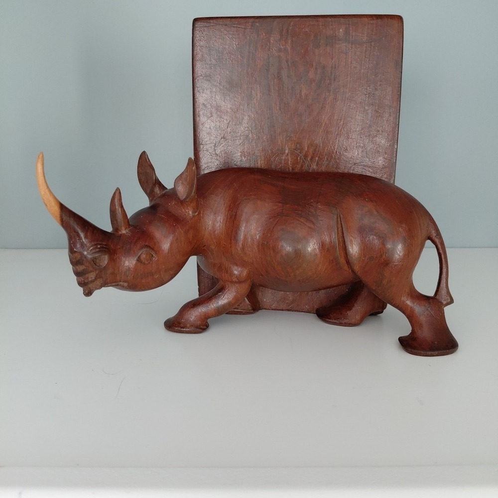 Vintage Hand Carved Natural Wood African RHINO Bookends Heavy Artist Detailed - Picture 10 of 16